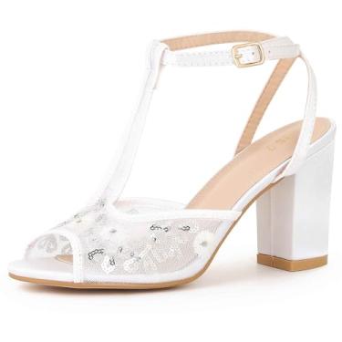 Imagem de Perphy Sandálias femininas de salto grosso com bordado floral, Branco, 40