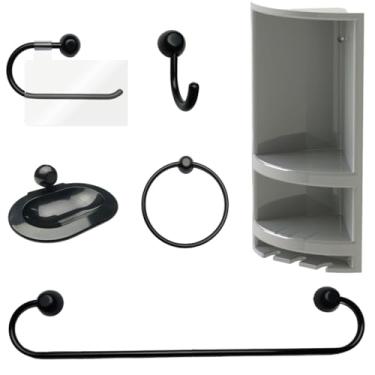 Imagem de Suporte de Canto Cantoneira Porta Shampoo Cinza + Kit Para Banheiro Redondo 5 Pçs Preto