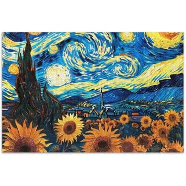 Imagem de Quebra-cabeça de girassóis com pintura noturna estrelada para adultos 500 peças de flores pintura animal mordaça presente quebra-cabeça presentes para amantes de quebra-cabeça, 51 x 35 centímetros
