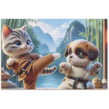 Imagem de Quebra-cabeças engraçados de gato e cachorro Kung Fu 1000 peças, presentes para adultos, para amantes de quebra-cabeças, família, estampa de flores, animais, 75 x 40 cm