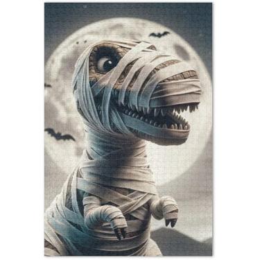 Imagem de Quebra-cabeça de Halloween dinossauro lua adultos 500 peças quebra-cabeça de arte quebra-cabeça cena de outono presentes para jogo de elefante branco, 51 x 37 centímetros