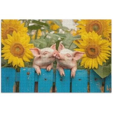 Imagem de Quebra-cabeças de girassol Cute Pig Kiss 1000 peças para adultos, pintura de belas artes, quebra-cabeças de paisagem personalizados, presentes para jogo de elefante branco, 75 x 40 cm
