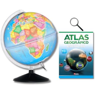 Imagem de GLOBO TERRESTRE POLÍTICO LUMINOSO BASE PRETA 30CM + ATLAS GEOGRÁFICO + LUPA