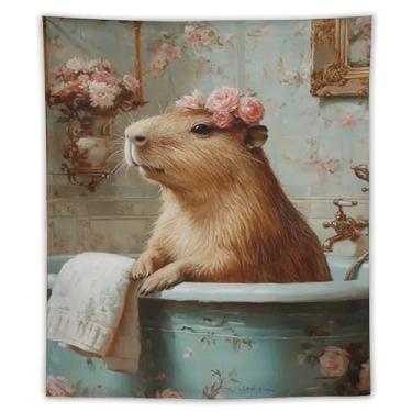 Imagem de Tapeçaria vintage capivara na banheira para banheiro floral chalé para pendurar na parede animal fofo spa decoração para banheiro banheiro casa casa decoração presente dormitório 70 x 90 tapeçaria