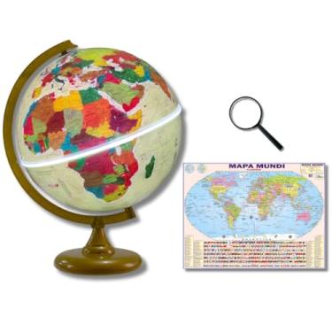Imagem de GLOBO TERRESTRE FÍSICO HISTÓRICO LUMINOSO BASE OURO VELHO 30CM + MAPA MUNDI + LUPA