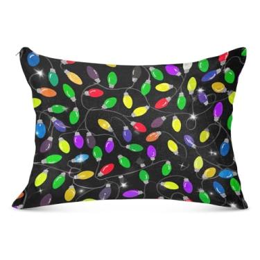 Imagem de Capa de almofada decorativa preta com luzes de Natal coloridas com zíper padrão queen king tamanho do corpo fronhas fofas para cama, tamanho Queen, 50,8 cm x 76,2 cm
