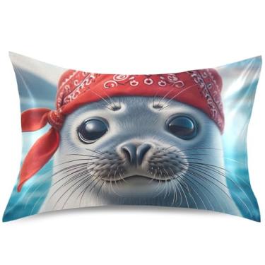 Imagem de Lindas capas de almofada de cetim com estampa animal de selo para cabelo, almofada refrescante king queen padrão, capa de almofada macia para cama, tamanho Queen, 76,2 cm x 50,8 cm