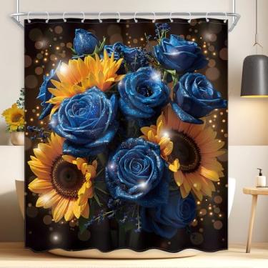 Imagem de Ufeela Cortina de chuveiro de girassol e rosa 152 cm Luz das estrelas glitter floral flor bonita estética elegante feminino conjunto de banheiro moderno cortina de banho acessórios para banheira