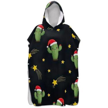 Imagem de Joisal Poncho de surfe para trocador adulto toalhas de banho com capuz plus size ponchos de praia para homens bonito cacto de Natal preto