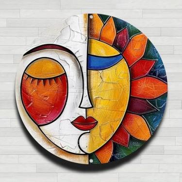 Imagem de Placa de parede redonda de metal de alumínio rústico vintage com dualidade de sol e lua, 20 cm, presentes e decoração para casa, escritório, café e quintal