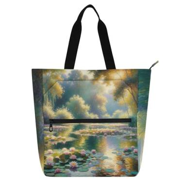 Imagem de GAIGEO Bolsas de trabalho para pintura de nenúfares cênicos para mulheres, bolsa de lona, bolsa escolar universitária, bolsa feminina infantil com compartimentos