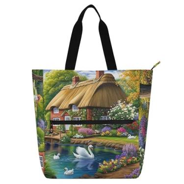 Imagem de GAIGEO Sacola feminina Thatched Cottage Swans Flowers para trabalho de lona escolar com zíper bolsa carteiro com compartimentos