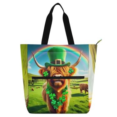 Imagem de GAIGEO Bolsa feminina engraçada Highland Cow St Patricks para trabalho, lona, praia, escola, presente, mensageiro, para amantes de livros