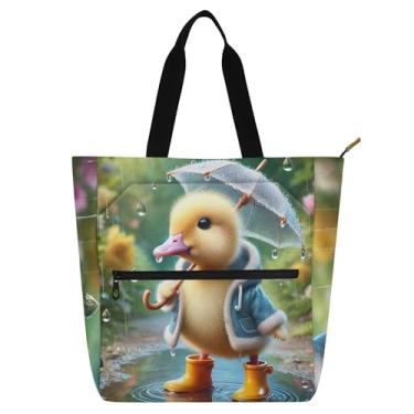 Imagem de GAIGEO Bolsa de ombro adorável Duck Rainy Day para mulheres, crianças, escola, trabalho, viagem, zíper, lona, bolsa de ombro