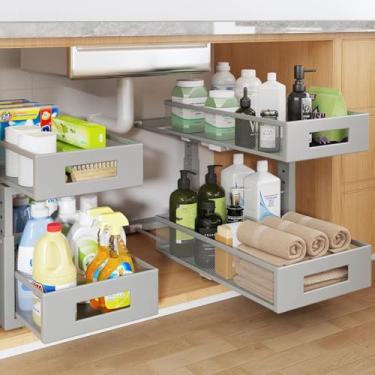 Imagem de 2 pacotes de organizador sob a pia de 43 cm de profundidade, organizador de armário de 2 camadas com trilho circular liso, gavetas deslizantes de malha metálica de grande capacidade para armazenamento