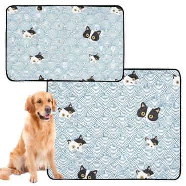 Imagem de Almofadas laváveis para xixi para cães, à prova d'água, tapete de cercadinho branco com rostos de gato, ondas azuis, almofadas extra grandes de treinamento de filhotes para cães, pacote com 3 unidades