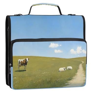 Imagem de Fichário de vaca pastagem verde pasto com 3 anéis com zíper para documentos escolares