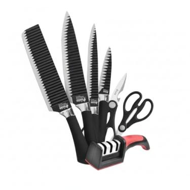 Imagem de Conjunto de Facas de Aço Inoxidável com Revestimento Antiaderente - 6 Peças + Amolador Profissional | Facas de Alta Precisão para Cozinhas Modernas