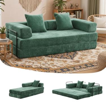 Imagem de Sofá-cama conversível, sofá-cama de 196 cm tamanho casal com apoios de braço em forma de L, sofás-cama queen size para sala de estar pequena para quarto de sala de estar, chenille, verde escuro