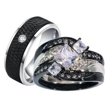 Imagem de ringheart Anéis de casal pretos combinando 1,5 CT AAA CZ 3 peças conjuntos de alianças de casamento femininas para ele e ela anéis masculinos, women size7 & men size10, Papel, Zircônia cúbica