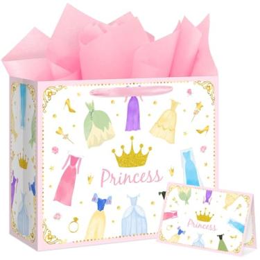 Imagem de Reyoust Sacos de presente temáticos grandes de princesa de 33 cm com alças e papel de embrulho rosa, cartão de felicitações, vestido de coroa, bolsa de presente para meninas, festa de aniversário
