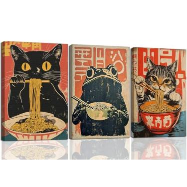 Imagem de 3 peças de arte de parede em tela japonesa preto gato comendo ramen engraçado Japão gatos e sapo impressões vintage bonito Tóquio cozinha imagem decoração de parede para cozinha sala de jantar amante