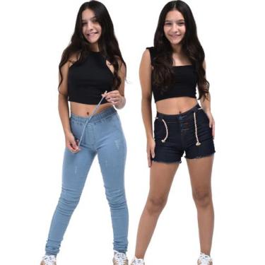 Imagem de Combo short feminino + jogger jeans infanil juvenil com cintos 10 ao 1