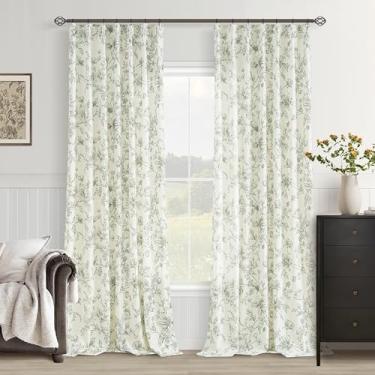 Imagem de Cortinas plissadas florais verdes 224 cm de comprimento para sala de estar, sala de jantar, quarto, filtro de luz, aba plissada, aba traseira, verde-oliva, florida, estampada, cortinas de linho
