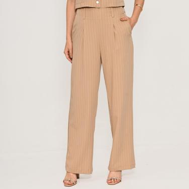 Imagem de Calça Bisô Risca de Giz Alfaiataria Reta Bege-Feminino