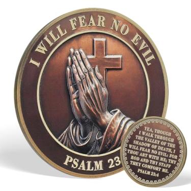 Imagem de MINDANCHOR Moeda de Desafio Cristão Mãos Orando, "I Will Fear No Evil" Salmo 23:4 Verso da Bíblia Token de Bolso, Força Espiritual e Presentes de Conforto para Incentivo