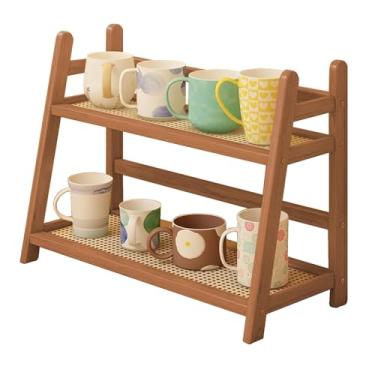 Imagem de FYRLFB Organizador de prateleira de copo doméstico de 2 níveis, prateleira de balcão de cozinha para acessórios de chá e café, suporte de caneca de bambu, suporte de matcha, expositor de copos, rack
