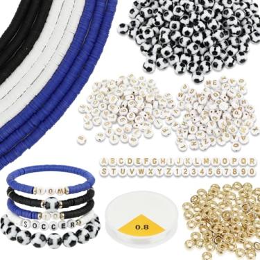 Imagem de ROLYTA Kit de fabricação de pulseiras de futebol, 120 contas de futebol, 100 contas de letras e números, 4200 contas de argila, cordão elástico, artesanato faça você mesmo para festas esportivas