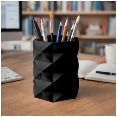 Imagem de Porta Canetas, Lápis, Pincel Geométrico Low Poly, Design Moderno, Organizador de Mesa, Estilo Minimalista (Preto)