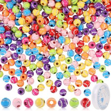 Imagem de 300 contas esportivas para fabricação de joias, contas de bola de beisebol acrílicas KISSBUTY a granel com cordão elástico, conta espaçadora esportiva para pulseira de artesanato DIY, 12 mm (bola de