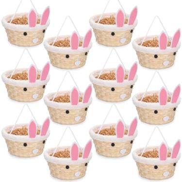 Imagem de Didaey 12 peças de cesta de tecido de Páscoa com alças de corda, cesta de vime de páscoa com enchimento de papel ráfia, cesto de piquenique de coelho fofo para presente de festa de caça aos ovos (cor