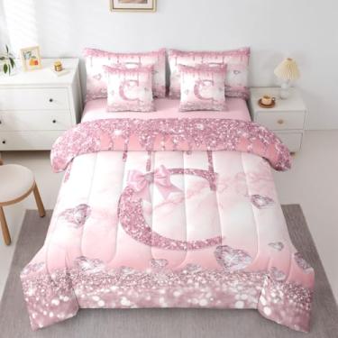 Imagem de Conjunto de edredom solteiro com laço rosa, 7 peças, kawaii, alfabeto e letras, C, para crianças, adolescentes, sonhadores, coquete e lençol com laço, princesa gradiente