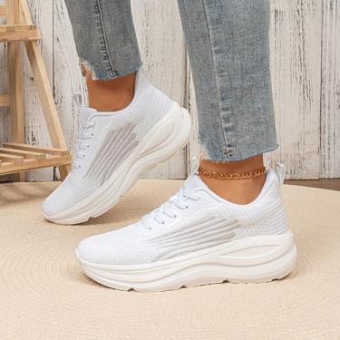 Imagem de Tênis de caminhada feminino plataforma de malha sem cadarço antiderrapante tênis de corrida fitness confortável e leve, Lcs266021 Branco, 35