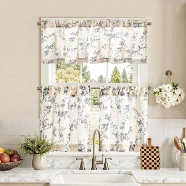 Imagem de jinchan Conjunto de cortinas florais de cozinha de 61 cm de comprimento para casa de fazenda, café, conjunto de cortinas e saia para sala de estar, banheiro, janela pequena, tratamentos de varão
