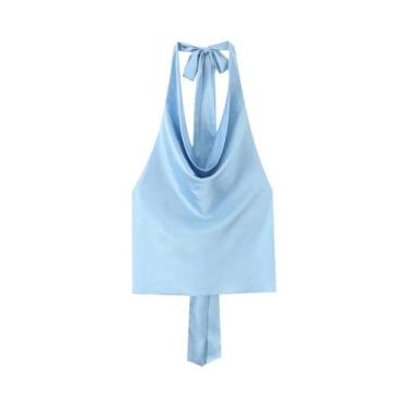 Imagem de Blusa Feminina De Cetim Com Decote Halter Ajustável, Sem Mangas, Costa