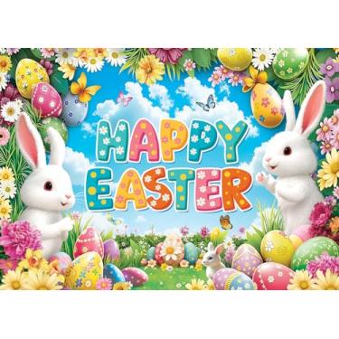 Imagem de Pano de fundo floral de coelho de ovos coloridos para decoração de festa de Páscoa na primavera, aniversário, chá de bebê, eventos, adereços para cabine de fotos, 20 x 1,8 m
