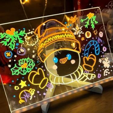 Imagem de Quadro Lousa LED Acrílico, Luminária para Escrever e Desenhar com 7 Canetas Coloridas Apagáveis, Efeito 3D, Base de Mesa, Cabo USB, para Crianças, Recados e Escritório