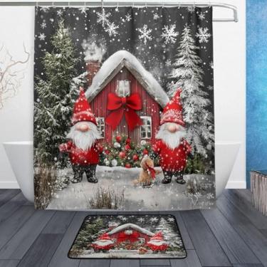 Imagem de xigua Gnomos de Natal fofos conjuntos de tapetes de cortina de banho 2 peças, conjunto de tema de banheiro (152 x 182 cm) com cortina de chuveiro e tapete antiderrapante -12 ganchos426