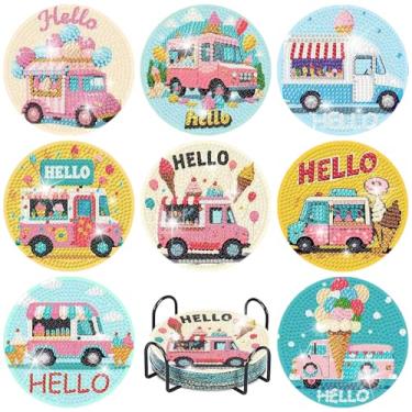 Imagem de 8 peças de porta-copos de arte de diamante craem de gelo de verão para adultos, porta-copos de pintura de diamante com suporte, kits de arte de diamante pequeno para adultos, kits de arte de pedras de