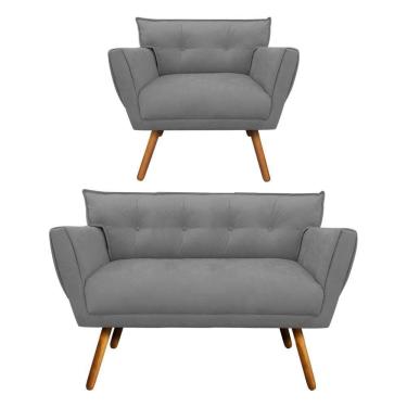 Imagem de Kit 1 Namoradeira E 1 Poltrona Anitta Suede Pés Palito Castanho D03 - D`rossi Grafite