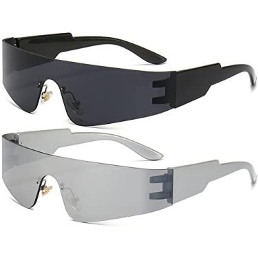 Imagem de AIEYEZO Óculos de sol futurista moderno moderno sem aro feminino masculino Cyberpunk viseira óculos de sol modernos futuros óculos de sol, Pacote com 2 (preto/cinza + prata/prata espelhado), MM