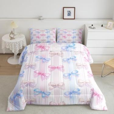 Imagem de Feelyou Conjunto de edredom com laço azul e rosa, tamanho casal, com laço e gravata borboleta, edredom kawaii, 3 peças