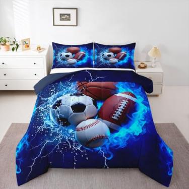 Imagem de Feelyou Conjunto de edredom esportivo para meninos, futebol, futebol, futebol, 1 fronha, basquete, microfibra, roupa de cama solteiro, jogo de bola, decoração de quarto, azul, respirável, macio