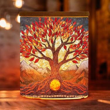 Imagem de Jarra de vela de chá de árvore da vida vermelha com vitral, suporte de vela de montanha com tampa de bambu, castiçal para Dia de Ação de Graças, mãe, Natal, aniversário, 8,9 cm x 7 cm