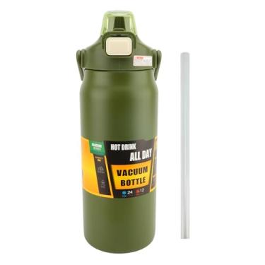 Imagem de plplaaoo Garrafa de água isolada com tampa de palha, 1500 ml, garrafa térmica de aço inoxidável a vácuo, para academia, fitness, atividades ao ar livre, homens, mulheres (verde escuro)
