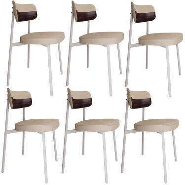 Imagem de Kit 06 Cadeiras Estofada Para Sala de Jantar Astrid Branco C01 Linho Areia Courino Café - Lyam Decor